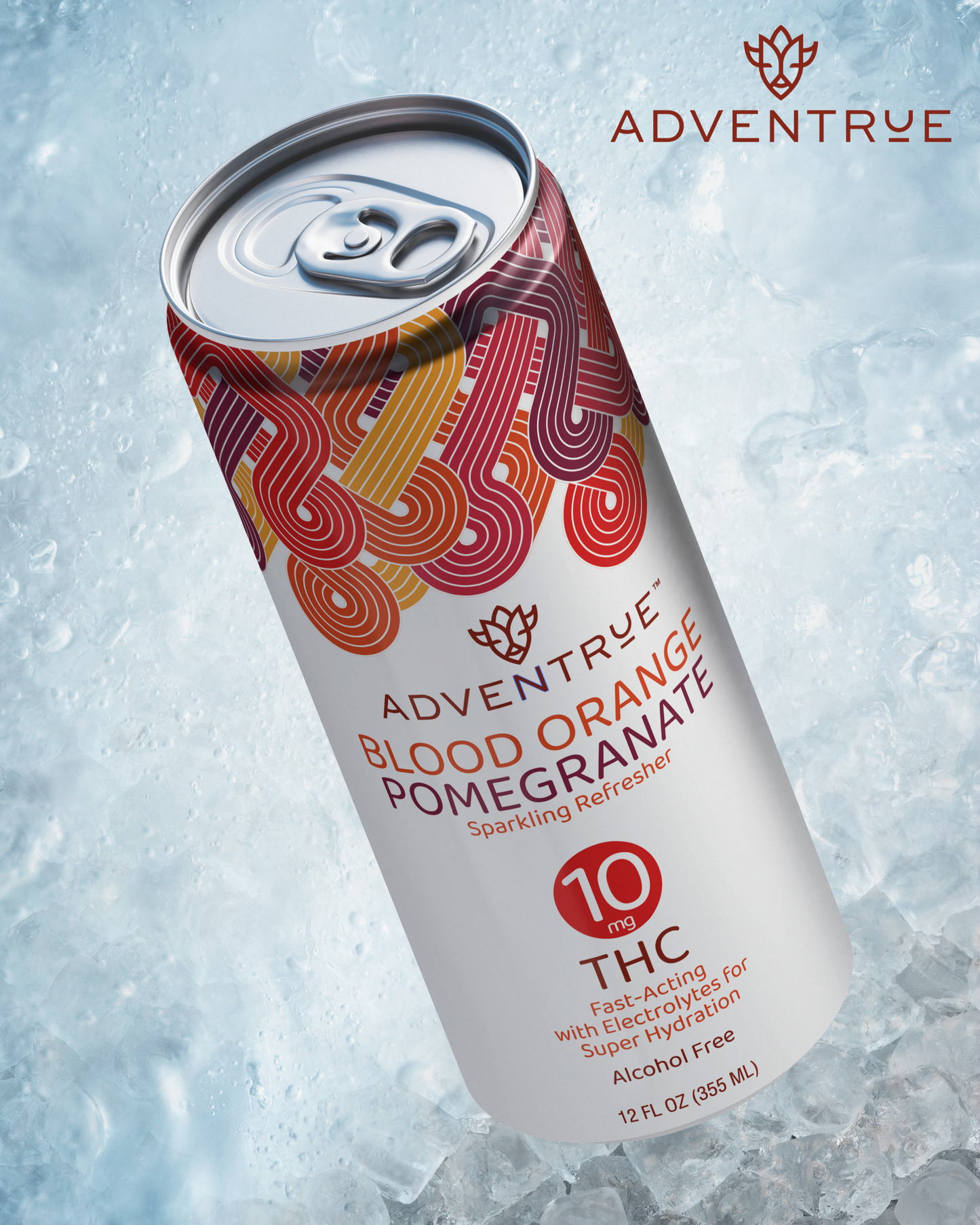 Adventrue Blood Orange Pomegranate sparkling refresher can on ice with 'Adventrue' branding.