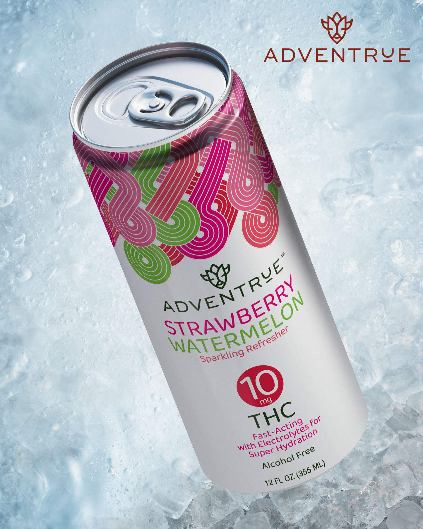 Adventrue Strawberry Watermelon sparkling refresher can on ice with 'Adventrue' branding