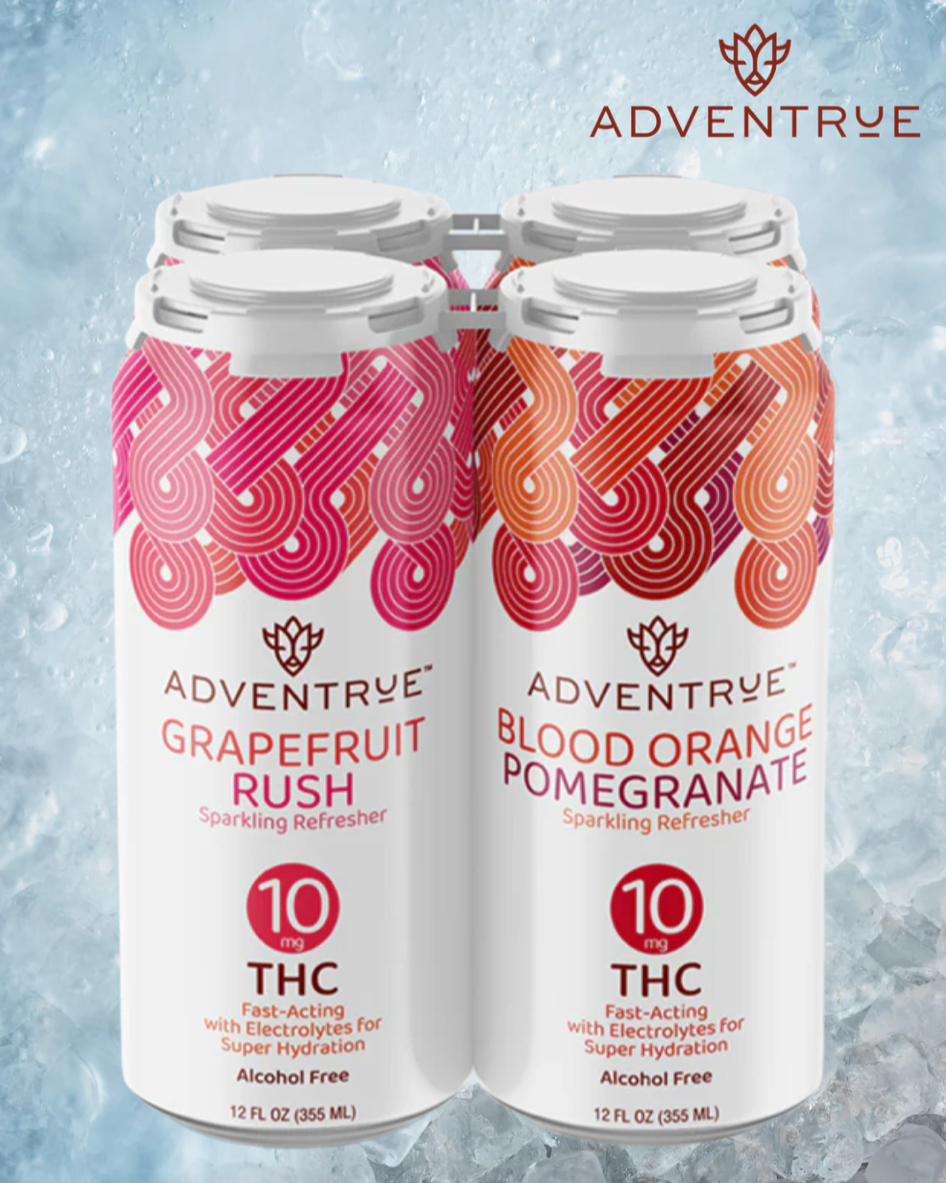 Adventrue 4 pack of sparkling refresher cans on ice with 'Adventrue' branding