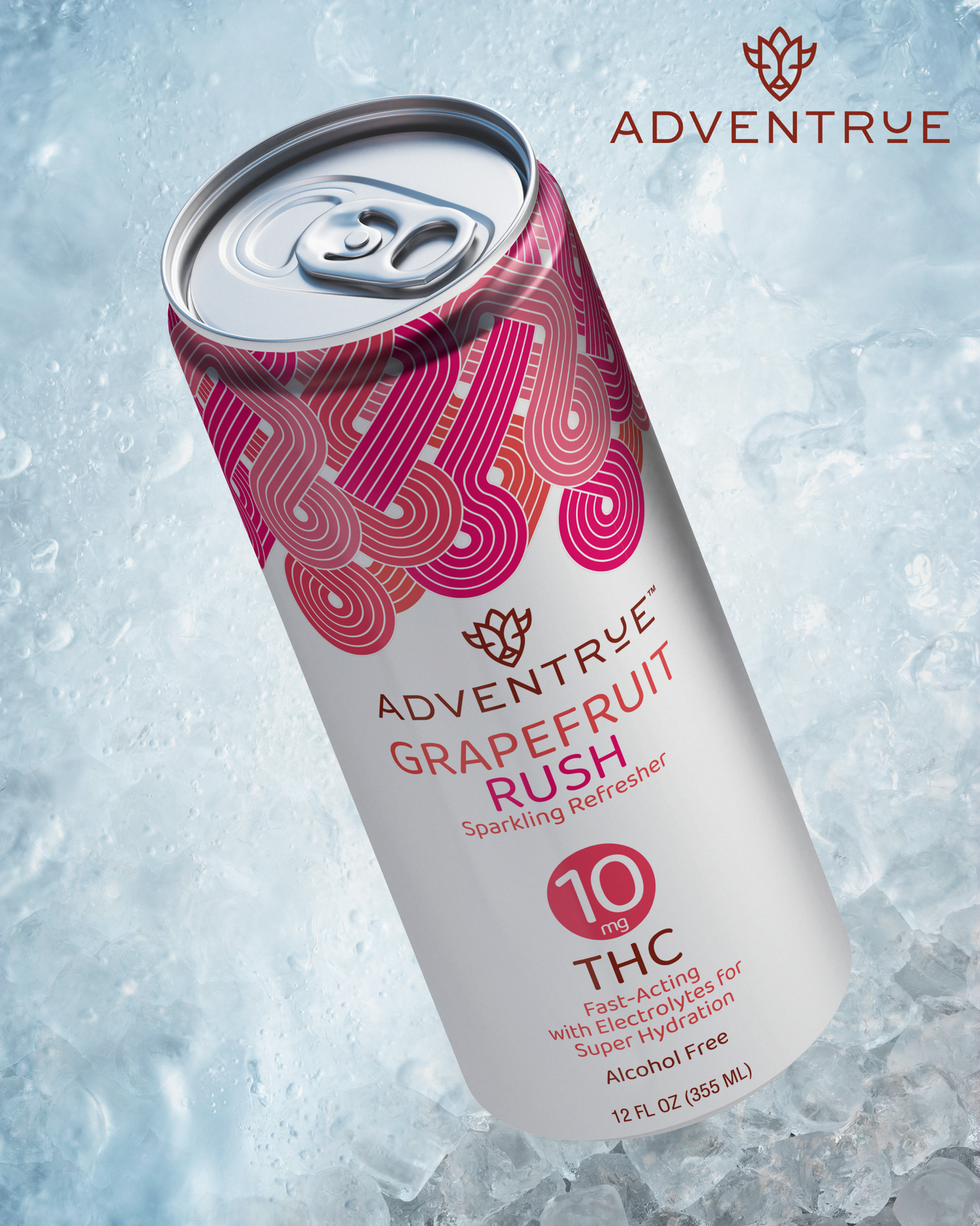 Adventrue Grapefruit Rush sparkling refresher can on ice with 'Adventrue' branding
