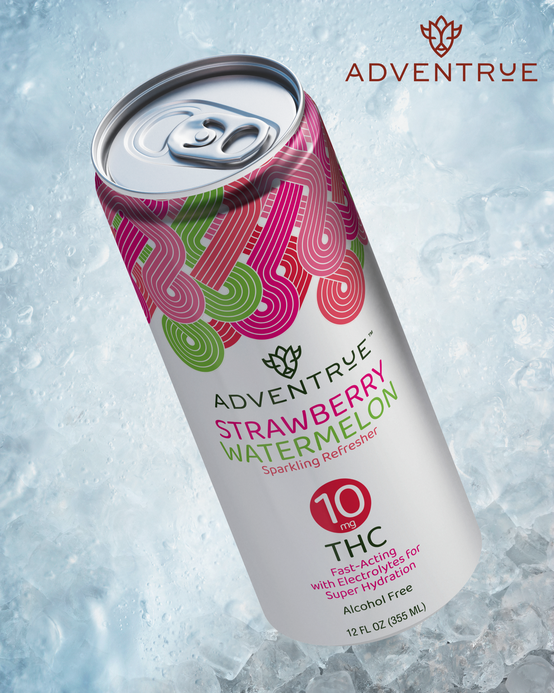 Adventrue Strawberry Watermelon sparkling refresher can on ice with 'Adventrue' branding